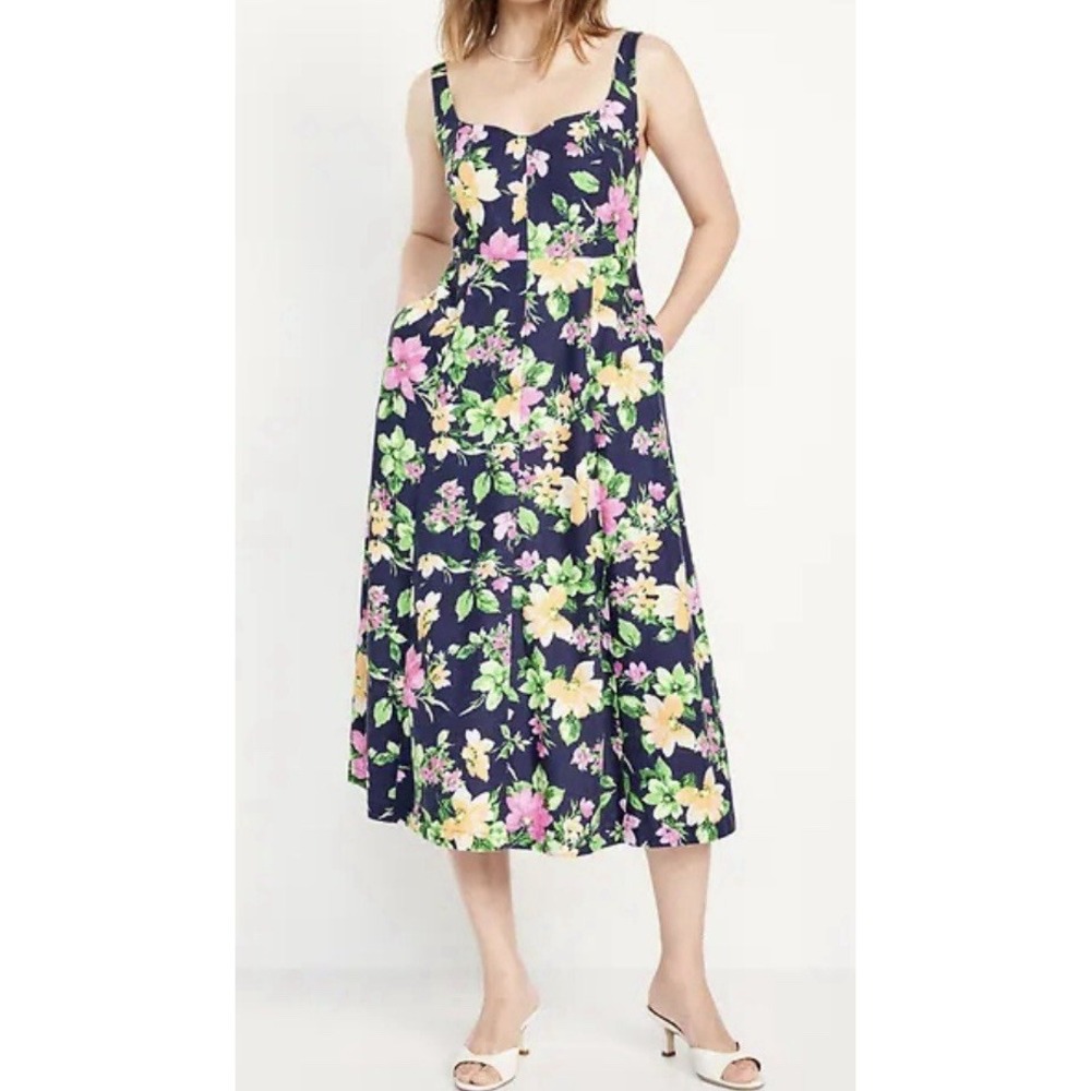 Old Navy Dress Womens XL Multicolor Fit & Flare Linen-Blend Midi Summer Floral